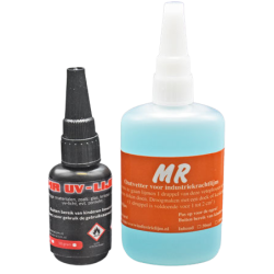 Glaslijm, uv-lijm dik ( gel ) 10 gram , met 100 ml ontvetter~rvs en andere metalen op glas lijmen. ook opvullen van glas bij speling, lijmt ook kristal en plexiglas